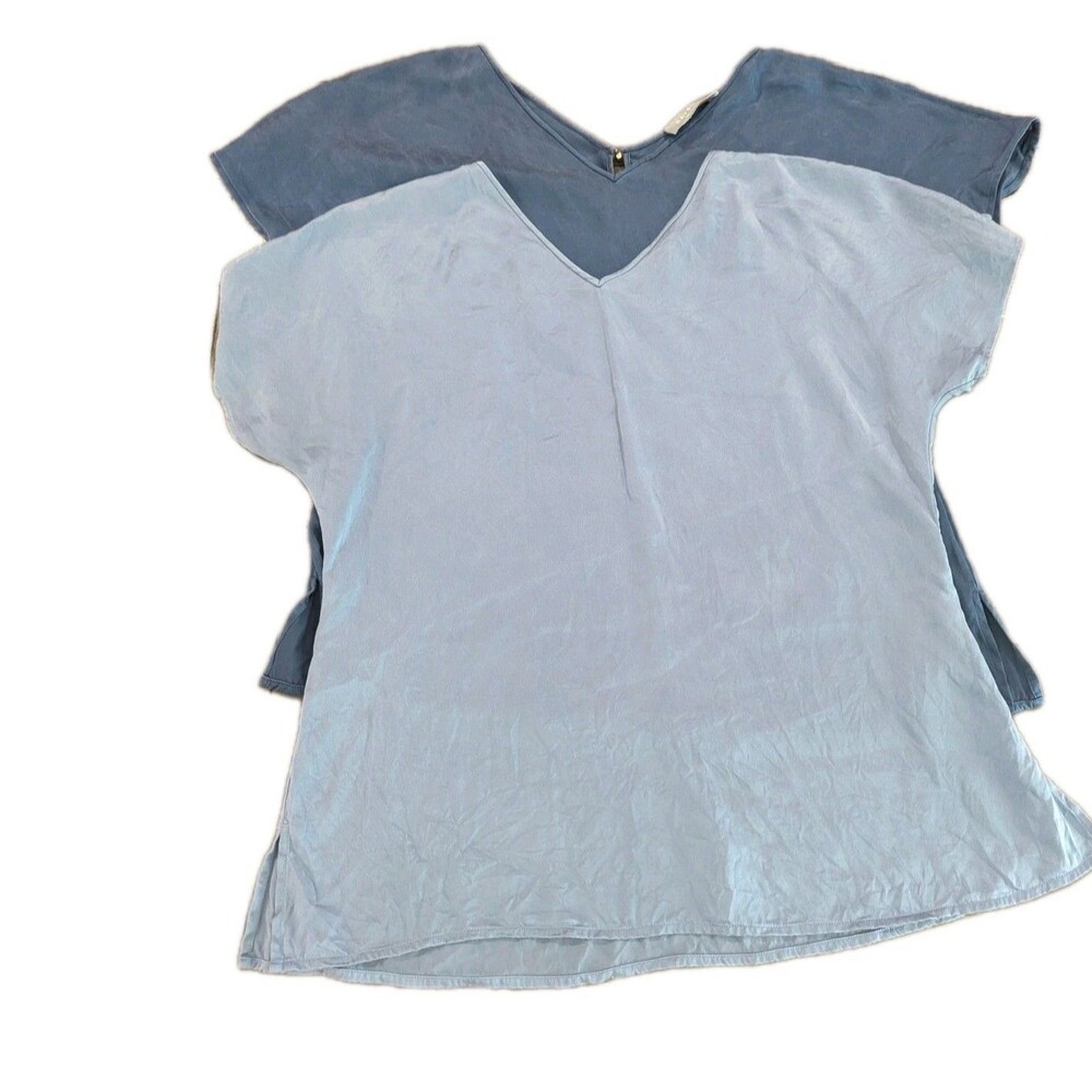 TWO Ravella Women Blue Silk Sleevless Quiet Luxury Short Sleeve Shirt Size S/6